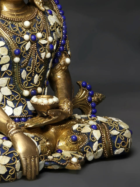 10" Tibetan Buddhist Crowned Buddha Brass Statue with Inlay Work