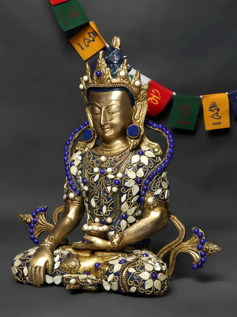 10" Tibetan Buddhist Crowned Buddha Brass Statue with Inlay Work
