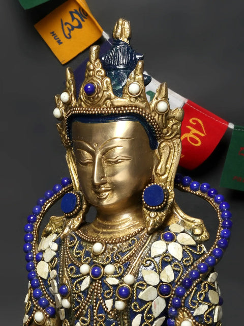 10" Tibetan Buddhist Crowned Buddha Brass Statue with Inlay Work