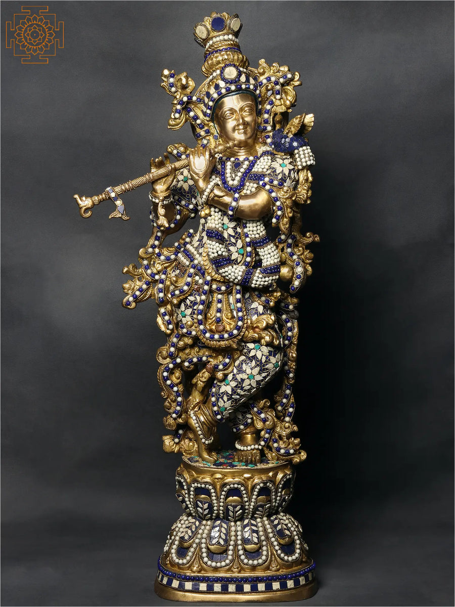 29" Lord Krishna Playing Flute Brass Statue with Inlay Work