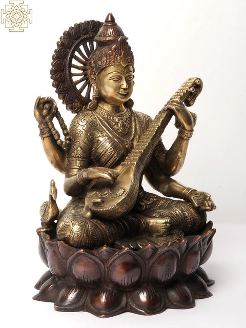 12" Devi Saraswati Idol - Goddess of Wisdom Brass Statue
