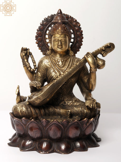 12" Devi Saraswati Brass Idol - Handmade Goddess of Wisdom Statue