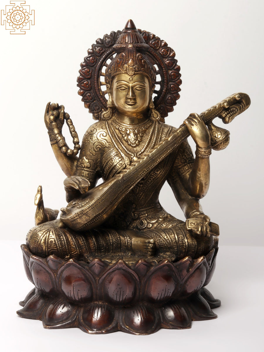 12" Devi Saraswati Brass Idol - Handmade Goddess of Wisdom Statue