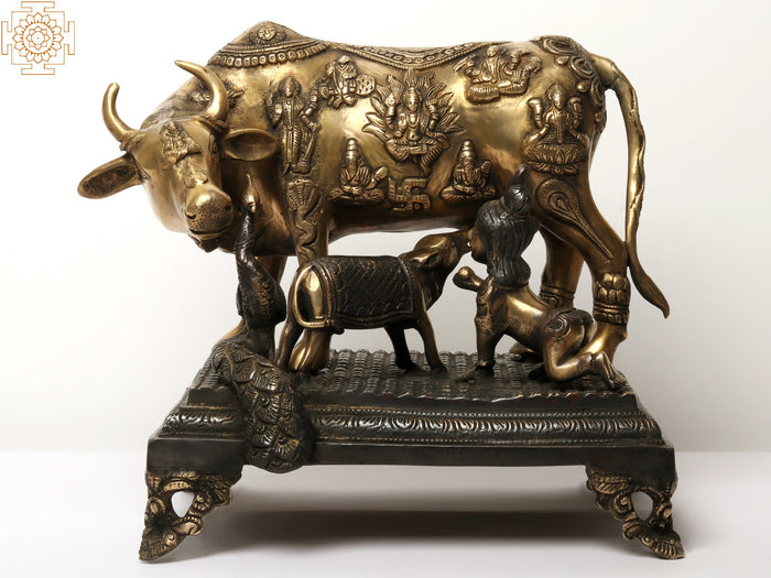 15" Brass Kamadhenu Cow Calf Krishna Peacock Handmade Statue