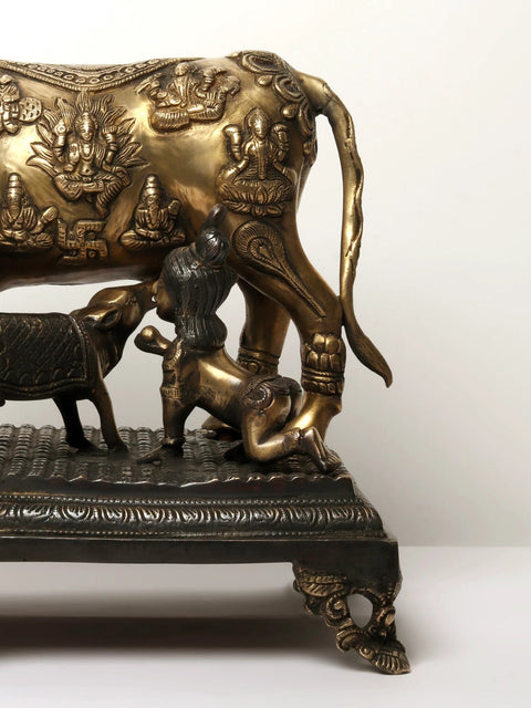 15" Kamadhenu Cow and Calf with Baby Krishna and Peacock | Brass Statue