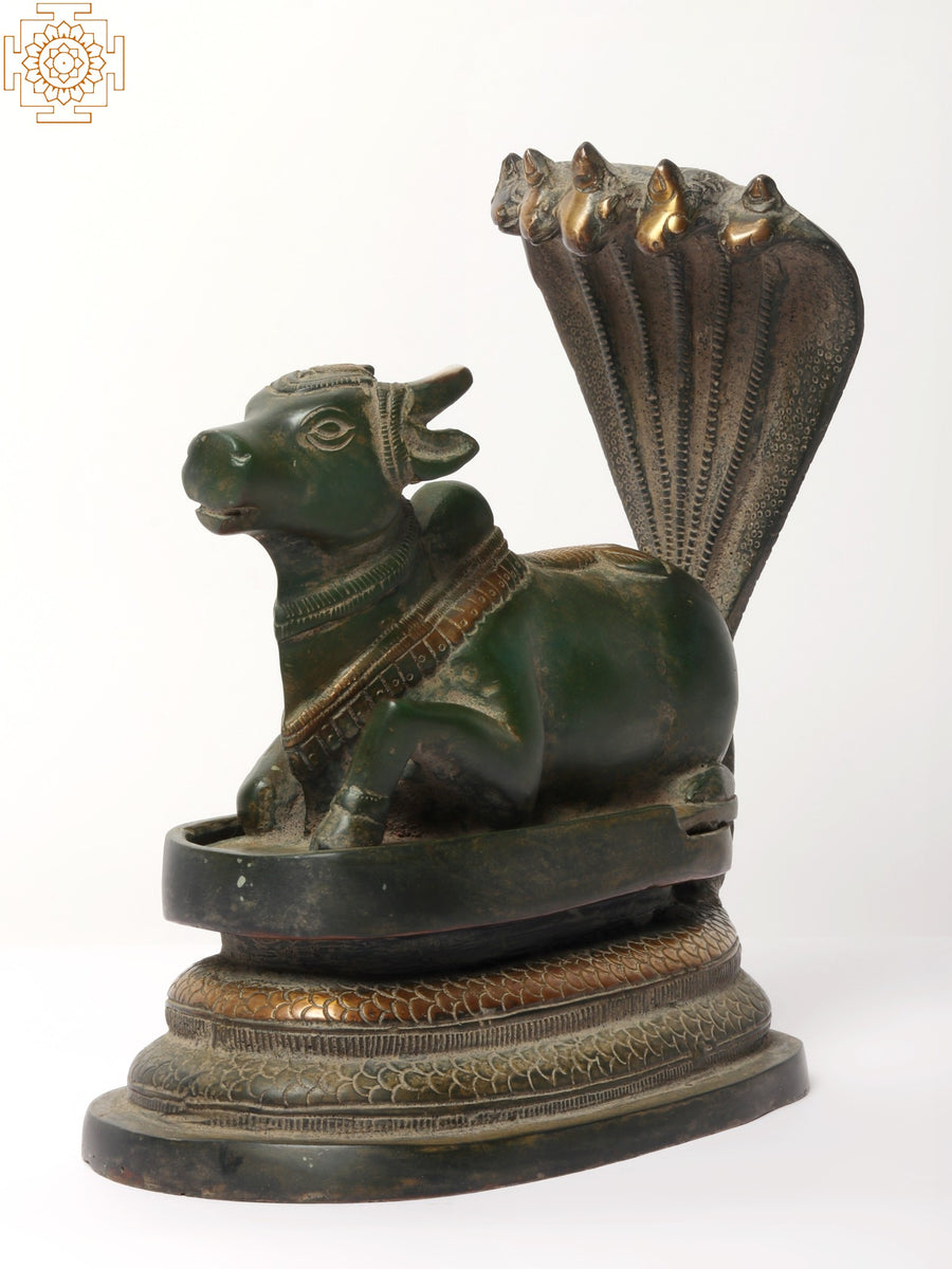 7" Seated Nandi Brass Statue with Sheshnag