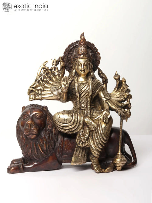 11" Eighteen Armed Durga Brass Statue on Lion Seated
