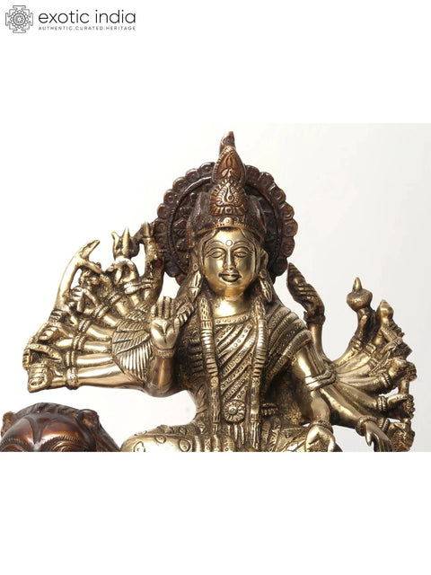 11" Eighteen Armed Goddess Durga Brass Statue Seated on Lion