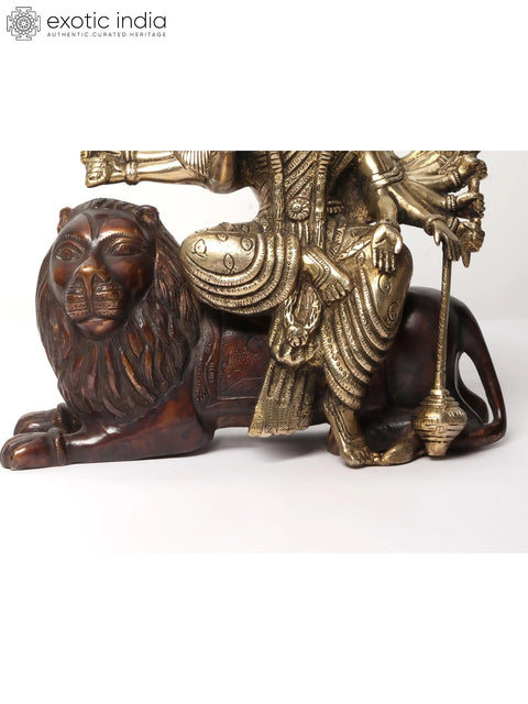 11" Eighteen Armed Goddess Durga Brass Statue Seated on Lion