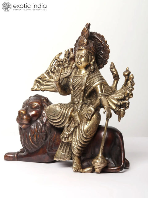 11" Eighteen Armed Goddess Durga Brass Statue Seated on Lion