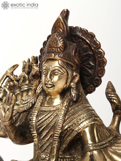 11" Eighteen Armed Goddess Durga Brass Statue Seated on Lion
