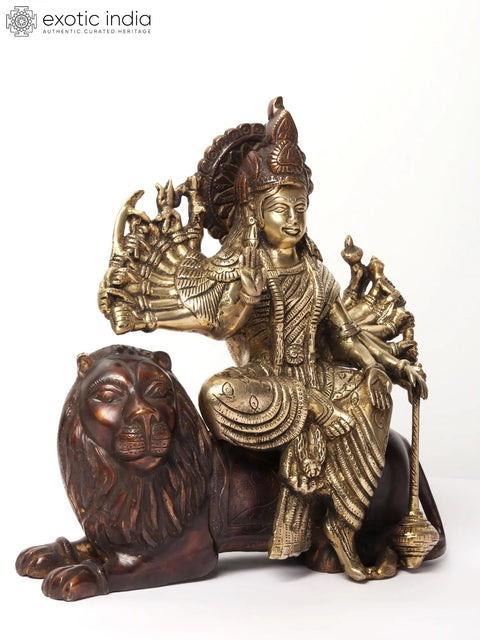 11" Eighteen Armed Goddess Durga Brass Statue Seated on Lion