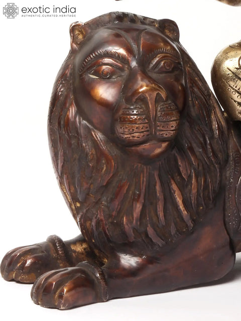 11" Eighteen Armed Goddess Durga Brass Statue Seated on Lion