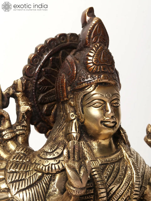 11" Eighteen Armed Goddess Durga Brass Statue Seated on Lion