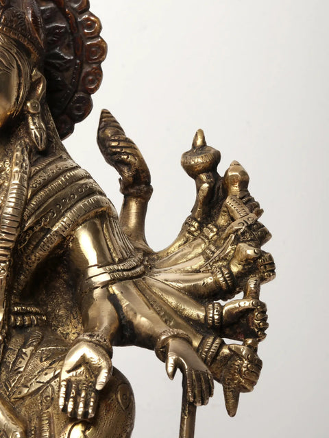 11" Eighteen Armed Goddess Durga Brass Statue Seated on Lion