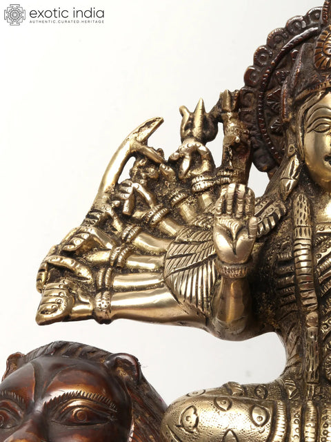 11" Eighteen Armed Goddess Durga Brass Statue Seated on Lion