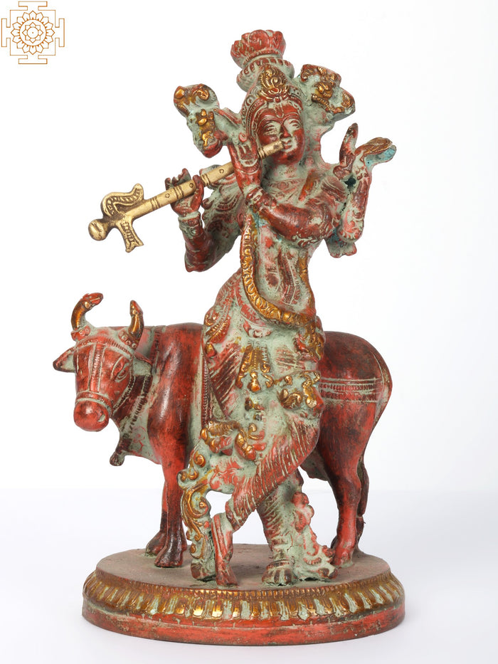 9" Brass Lord Krishna Handmade Idol Playing Flute with Cow
