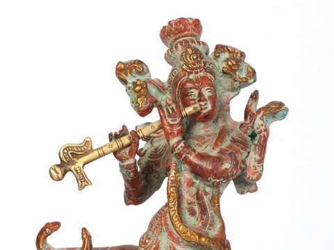 9" Brass Lord Krishna Idol Playing Flute with Cow