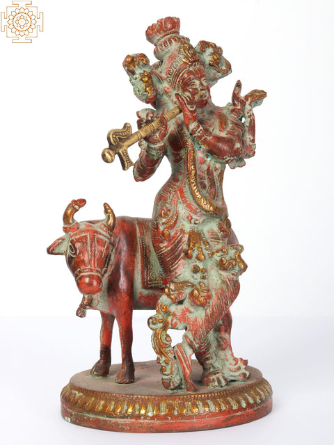 9" Brass Lord Krishna Idol Playing Flute with Cow