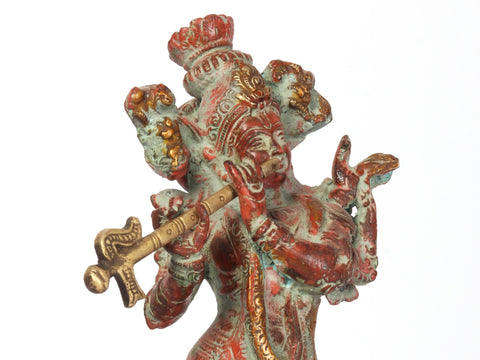 9" Brass Lord Krishna Idol Playing Flute with Cow