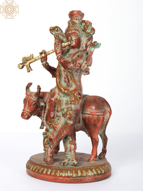 9" Brass Lord Krishna Idol Playing Flute with Cow