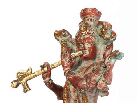 9" Brass Lord Krishna Idol Playing Flute with Cow