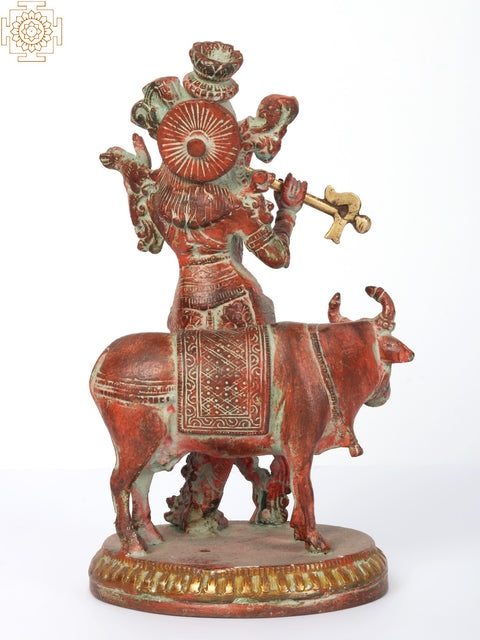 9" Brass Lord Krishna Idol Playing Flute with Cow