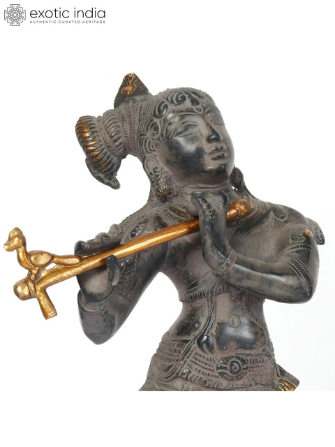 11" Brass Lord Krishna Idol Playing Flute on Pedestal