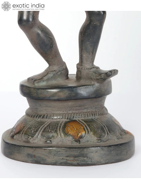 11" Brass Lord Krishna Idol Playing Flute on Pedestal