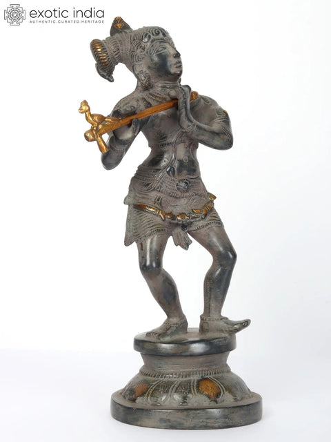 11" Brass Lord Krishna Idol Playing Flute on Pedestal