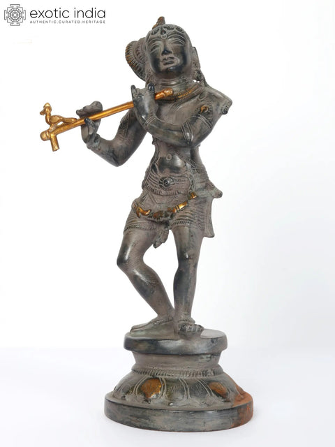 11" Brass Lord Krishna Idol Playing Flute on Pedestal