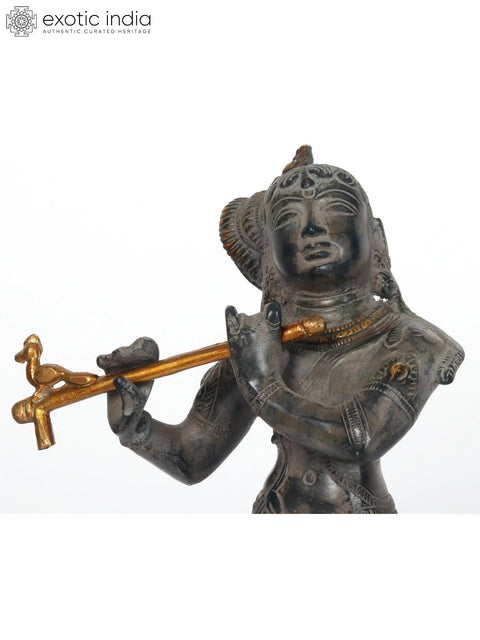 11" Brass Lord Krishna Idol Playing Flute on Pedestal