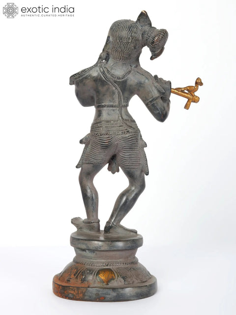 11" Brass Lord Krishna Idol Playing Flute on Pedestal