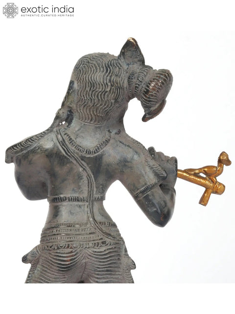 11" Brass Lord Krishna Idol Playing Flute on Pedestal