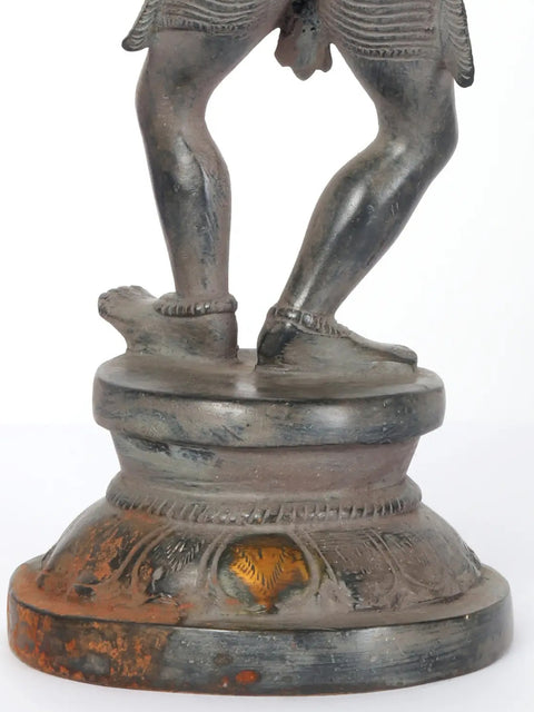 11" Brass Lord Krishna Idol Playing Flute on Pedestal