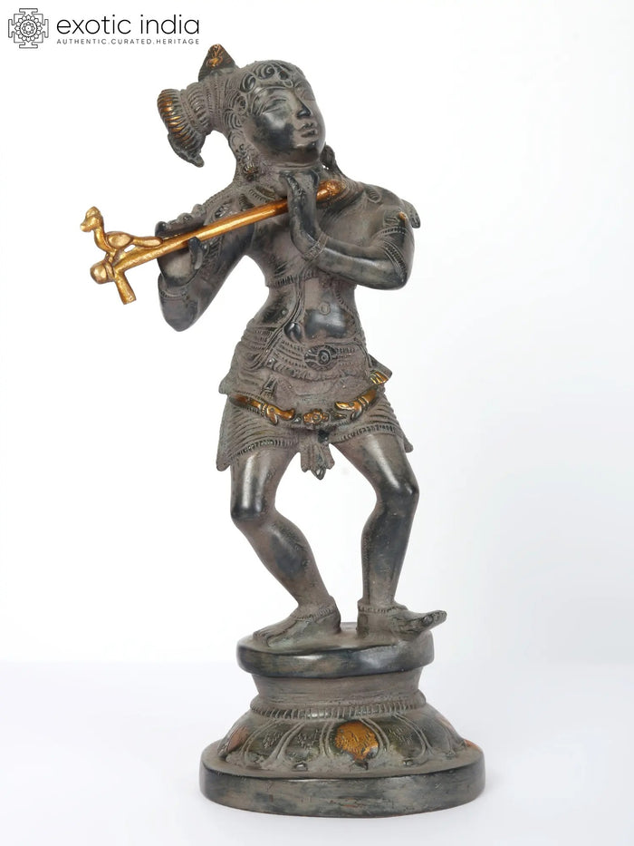 11" Brass Lord Krishna Playing Flute Idol with Pedestal