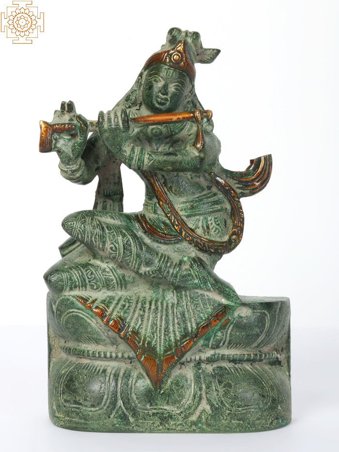 7" Brass Krishna Idol Playing Flute with Pedestal Base