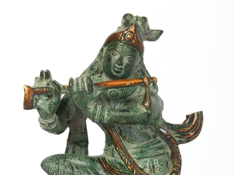 7" Brass Krishna Idol Playing Flute Seated on Pedestal