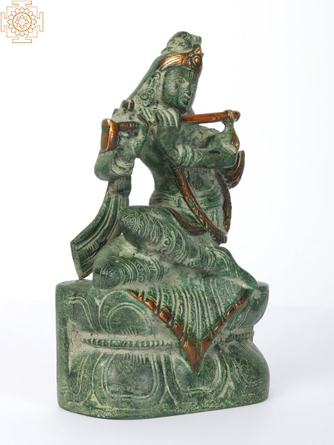 7" Brass Krishna Idol Playing Flute Seated on Pedestal