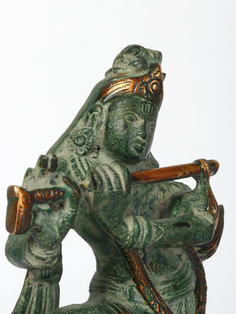 7" Brass Krishna Idol Playing Flute Seated on Pedestal