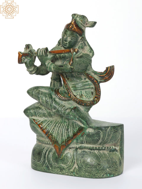 7" Brass Krishna Idol Playing Flute Seated on Pedestal