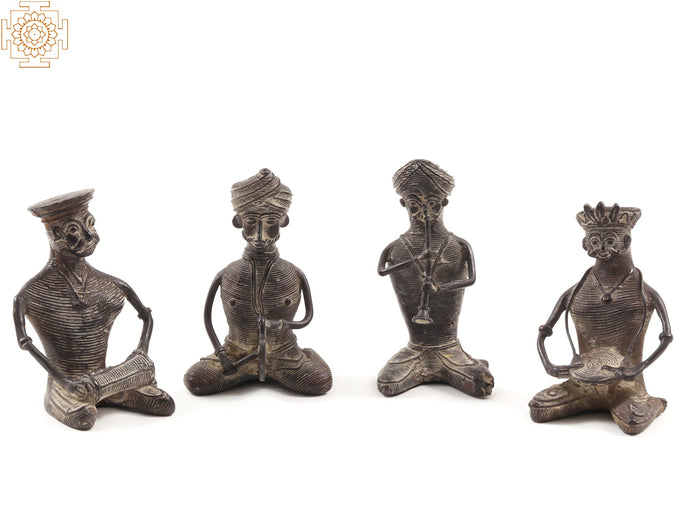 4" Tribal Male Musicians Brass Statue Set Handmade