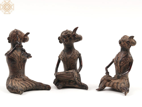 3" Small Tribal Female Musicians Brass Statue Set of Three
