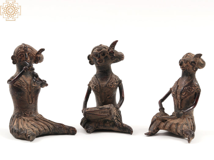 3" Small Tribal Female Musicians Brass Statue Set of Three
