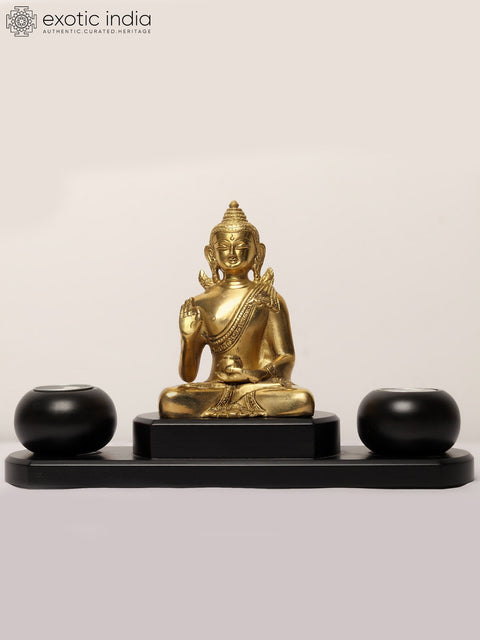 12" Brass Buddha Statue with Wooden Candle Stand