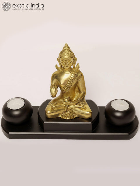 12" Brass Buddha Statue with Wooden Candle Stand