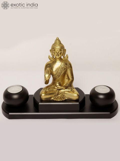12" Brass Buddha Statue with Wooden Candle Stand