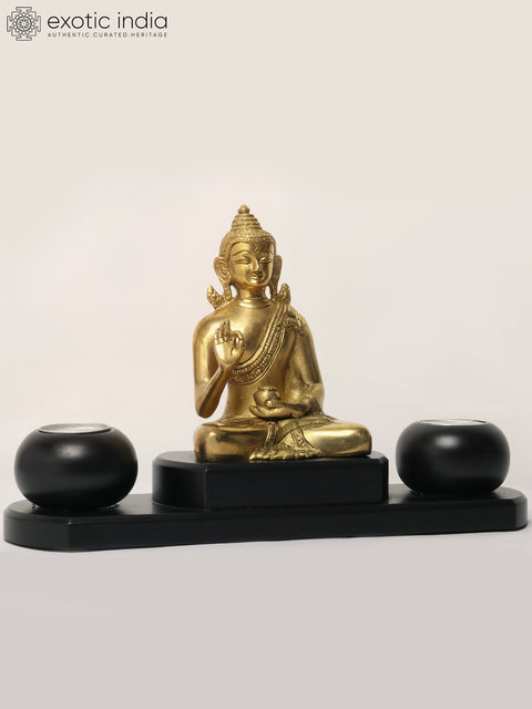 12" Brass Buddha Statue with Wooden Candle Stand