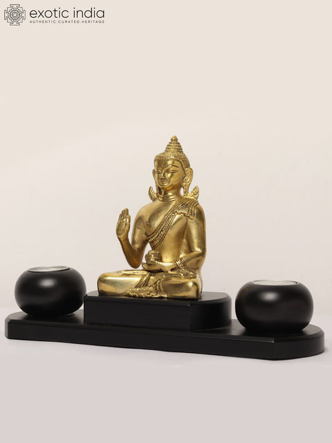 12" Brass Buddha Statue with Wooden Candle Stand