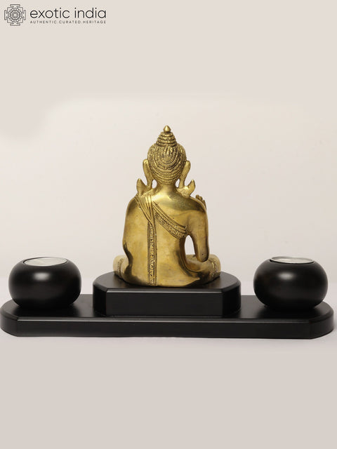 12" Brass Buddha Statue with Wooden Candle Stand